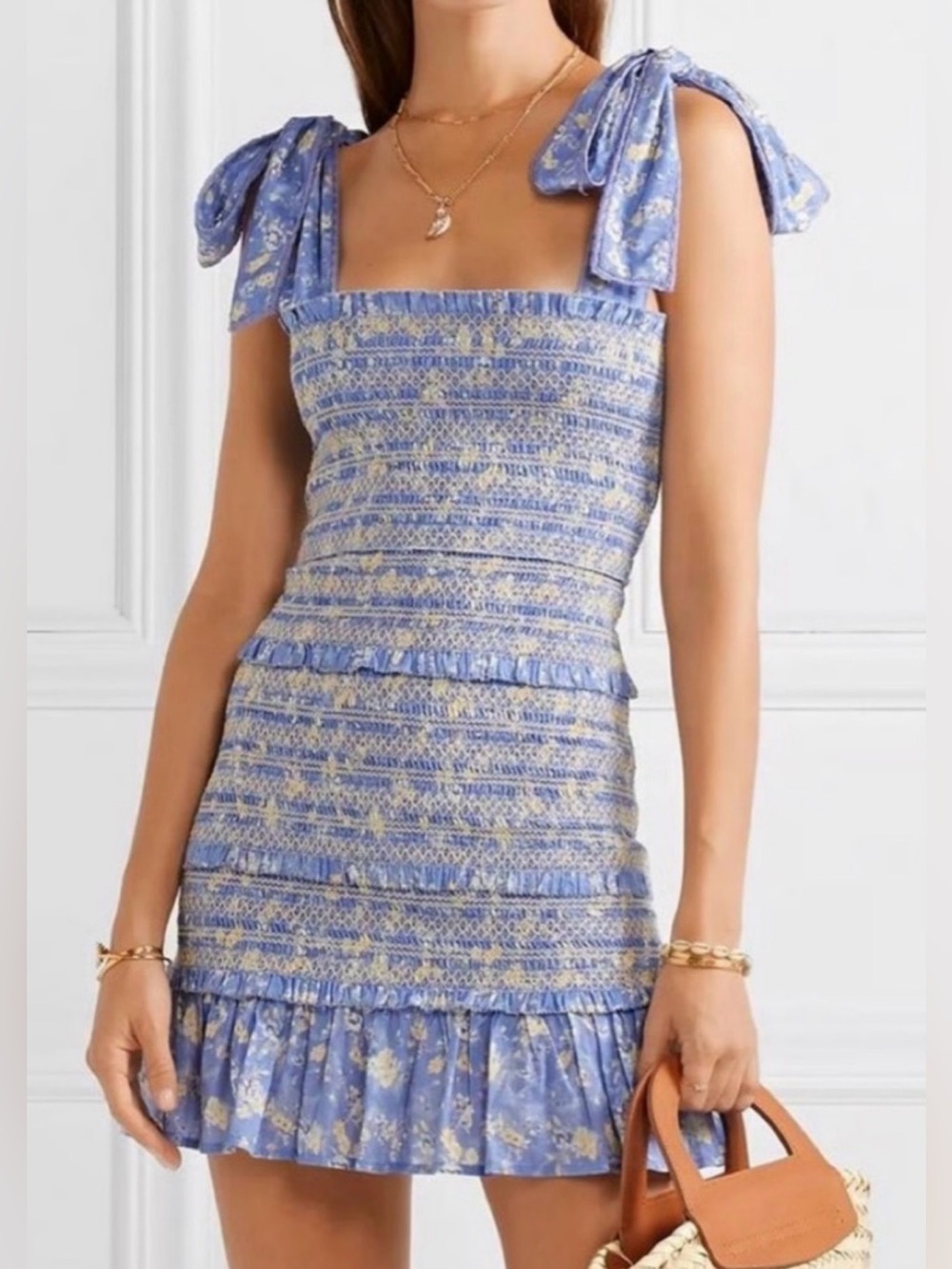 LoveShackFancy Belle Smocked Tie Straps Cotton Mini Dress Blue Jay Floral Print